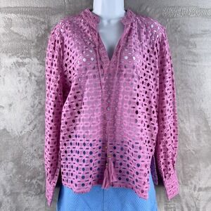 Calypso St Barth Eyelet Long Sleeve‎ Top Blouse Womens Size XS Pink Crochet Boho